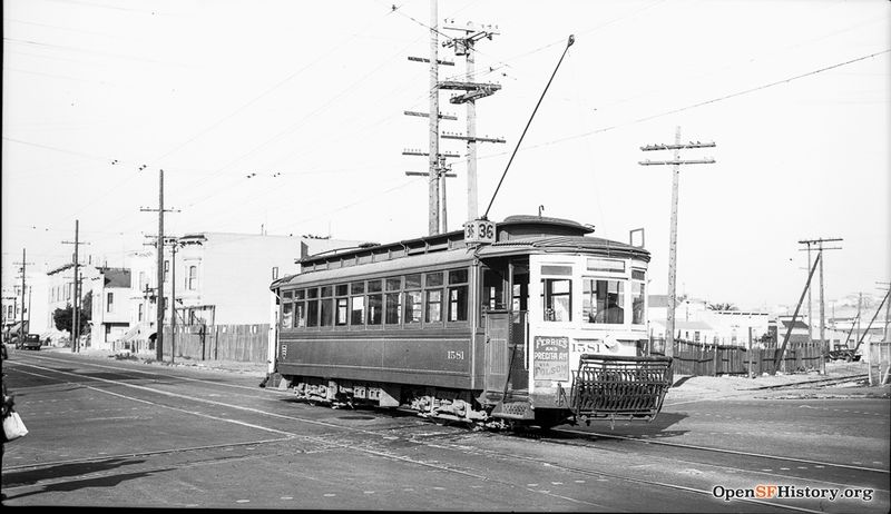 Folsom and 23rd 1939 View Northeast at Folsom and 23rd Street with Southern Pacific crossing to northbound 36-Line 1581 wnp14.3588.jpg