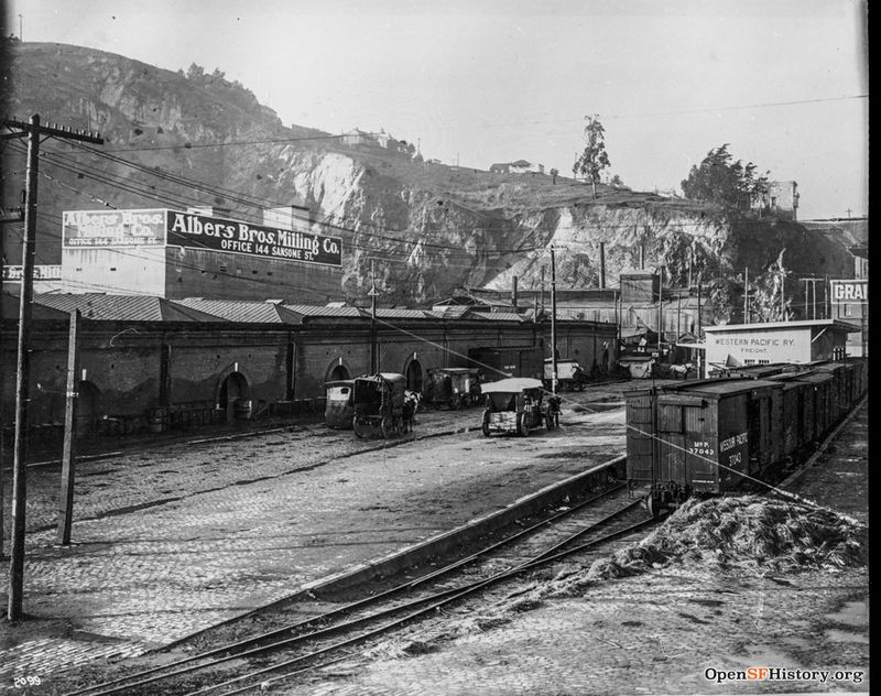 Sansome near Lombard Dec 11 1914 Sansome below Telegraph Hill dpwbook10 dpw2099 Panorama with dpw2098 Albers Bros. Milling Co. Western Pacific Railway freight office. wnp36.00593.jpg