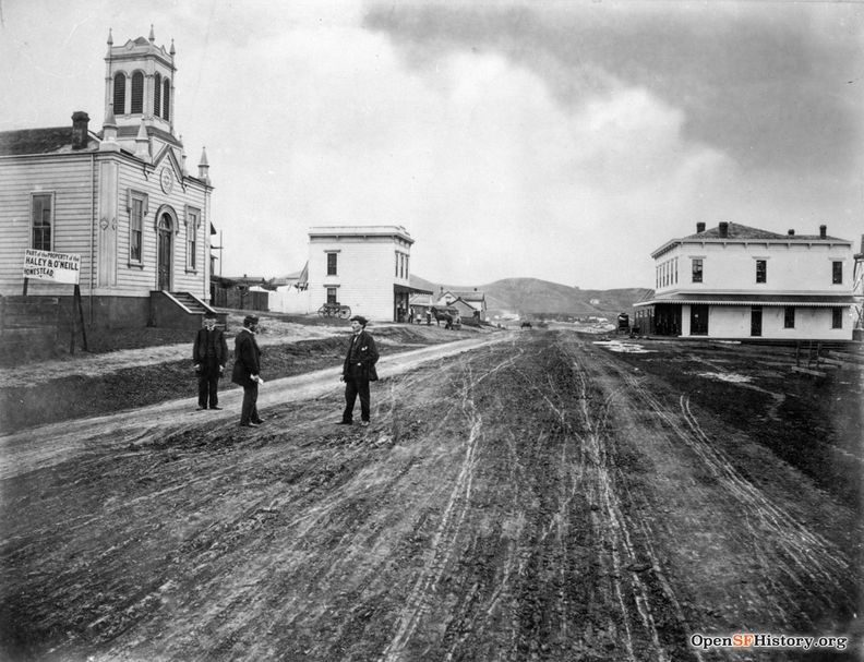 View West on Oakdale toward Phelps. Haley and ONeill Homestead, South San Francisco M.E. Church on left c 1865 wnp26.685.jpg